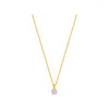 Gold necklace with a round pendant on a white background