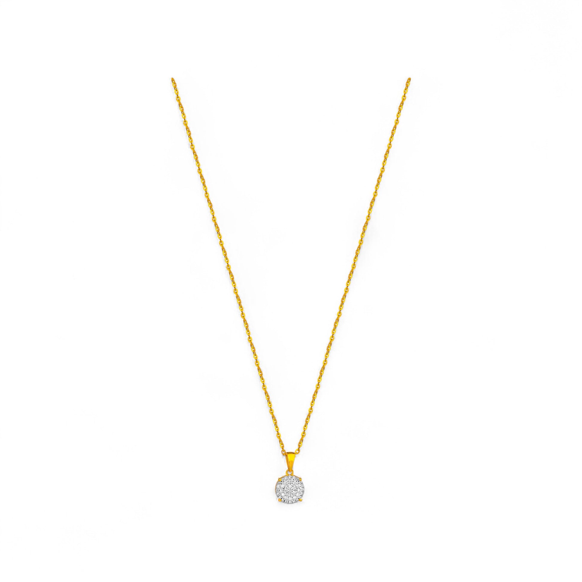 Gold necklace with a round pendant on a white background