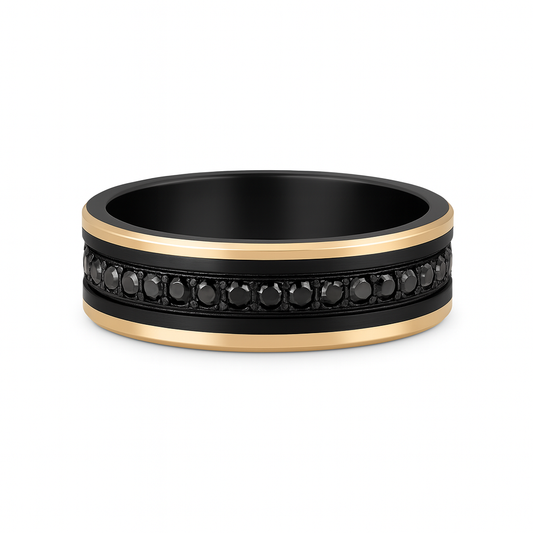 Black and gold ring with embedded stones on a white background