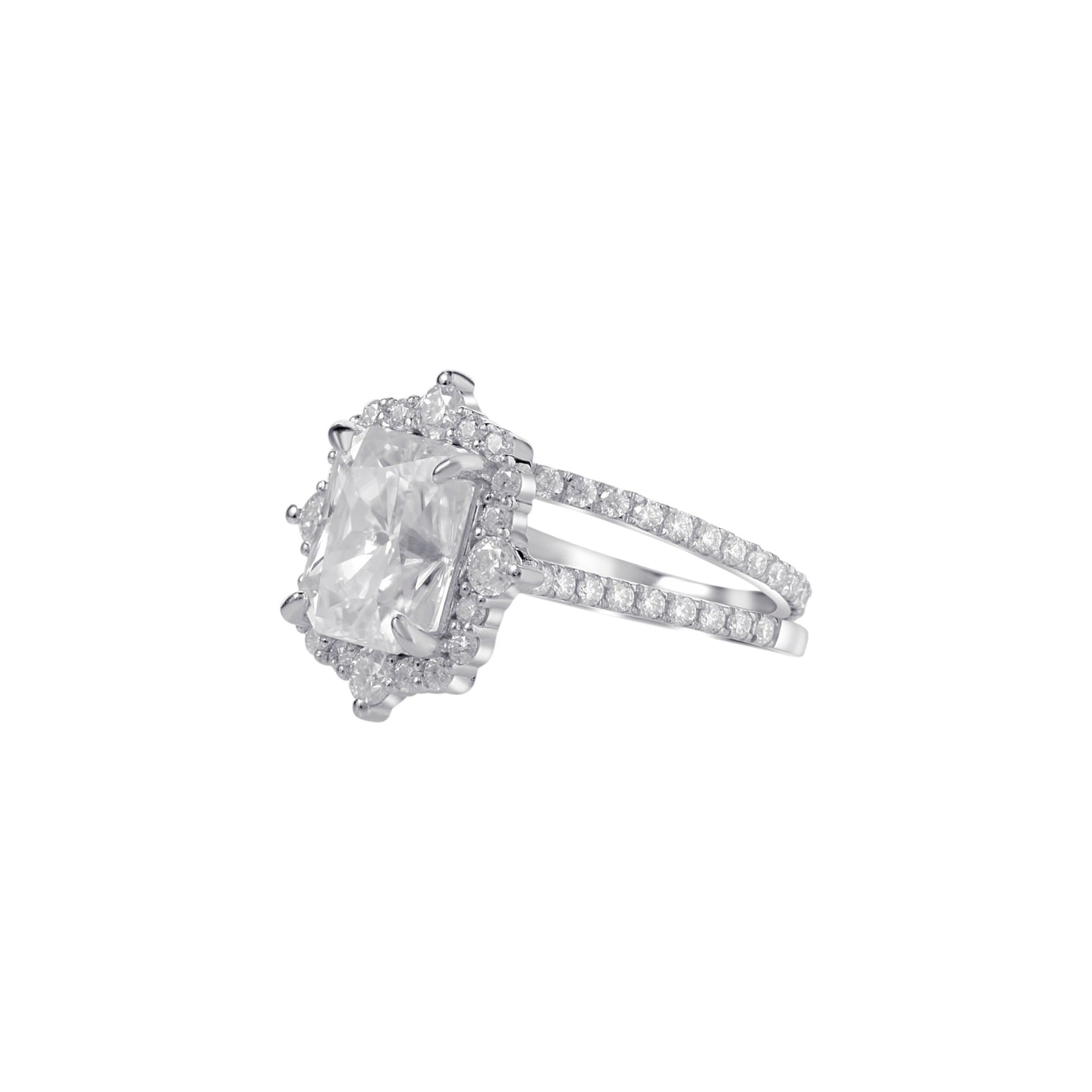 Diamond ring with a large central gemstone and smaller stones on a white background