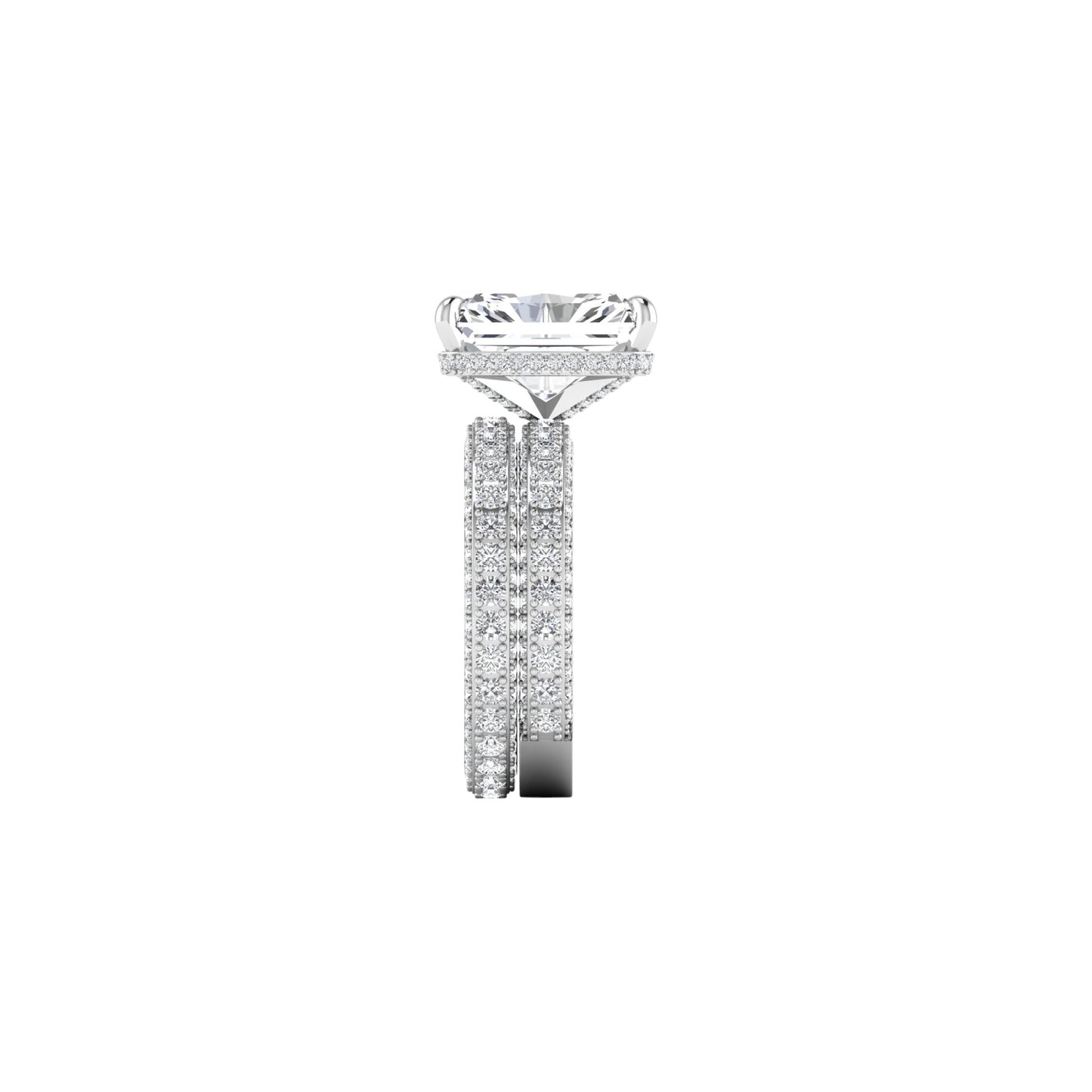Diamond ring with a large central stone and smaller stones on the band against a white background