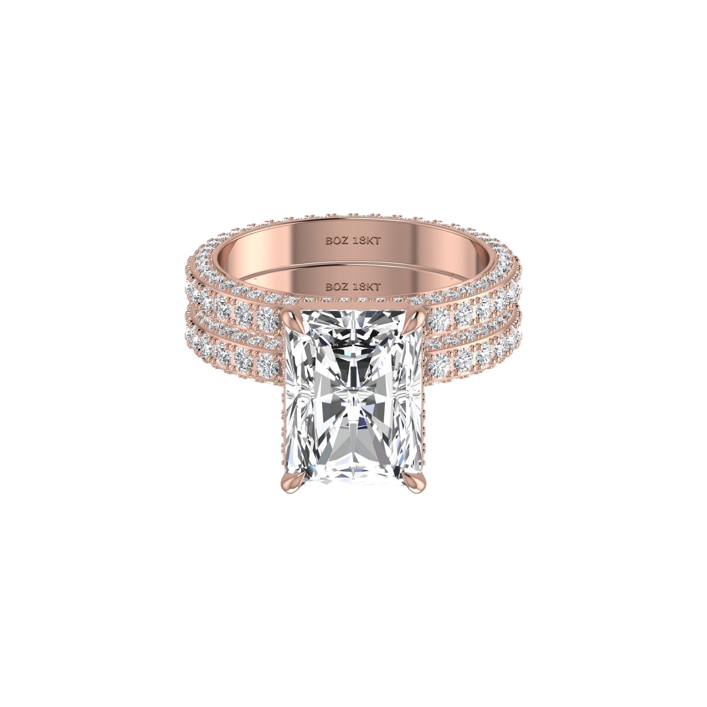 Rose gold ring with a large diamond and smaller diamonds on a white background