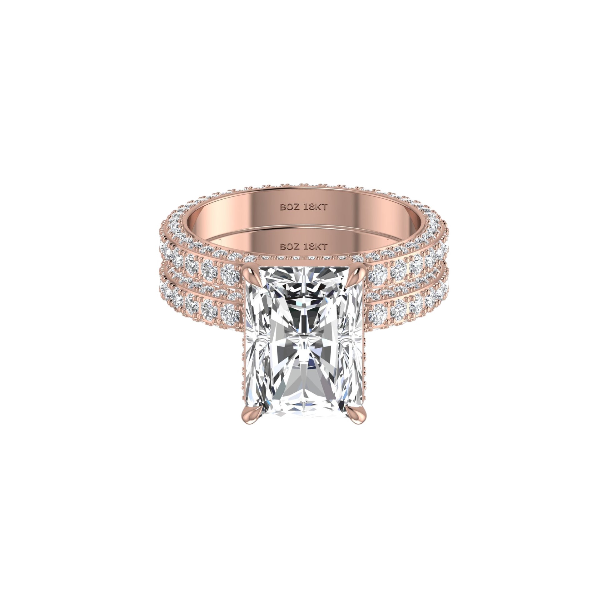 Rose gold ring with a large diamond and smaller diamonds on a white background