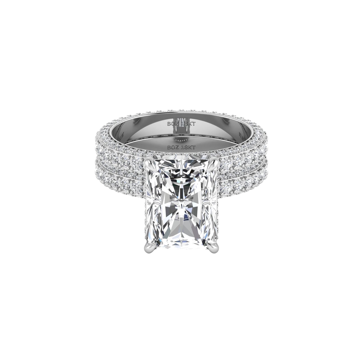 Diamond ring with a large central gemstone and smaller stones on a white background