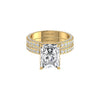 Gold ring with a large diamond and smaller diamonds on a white background