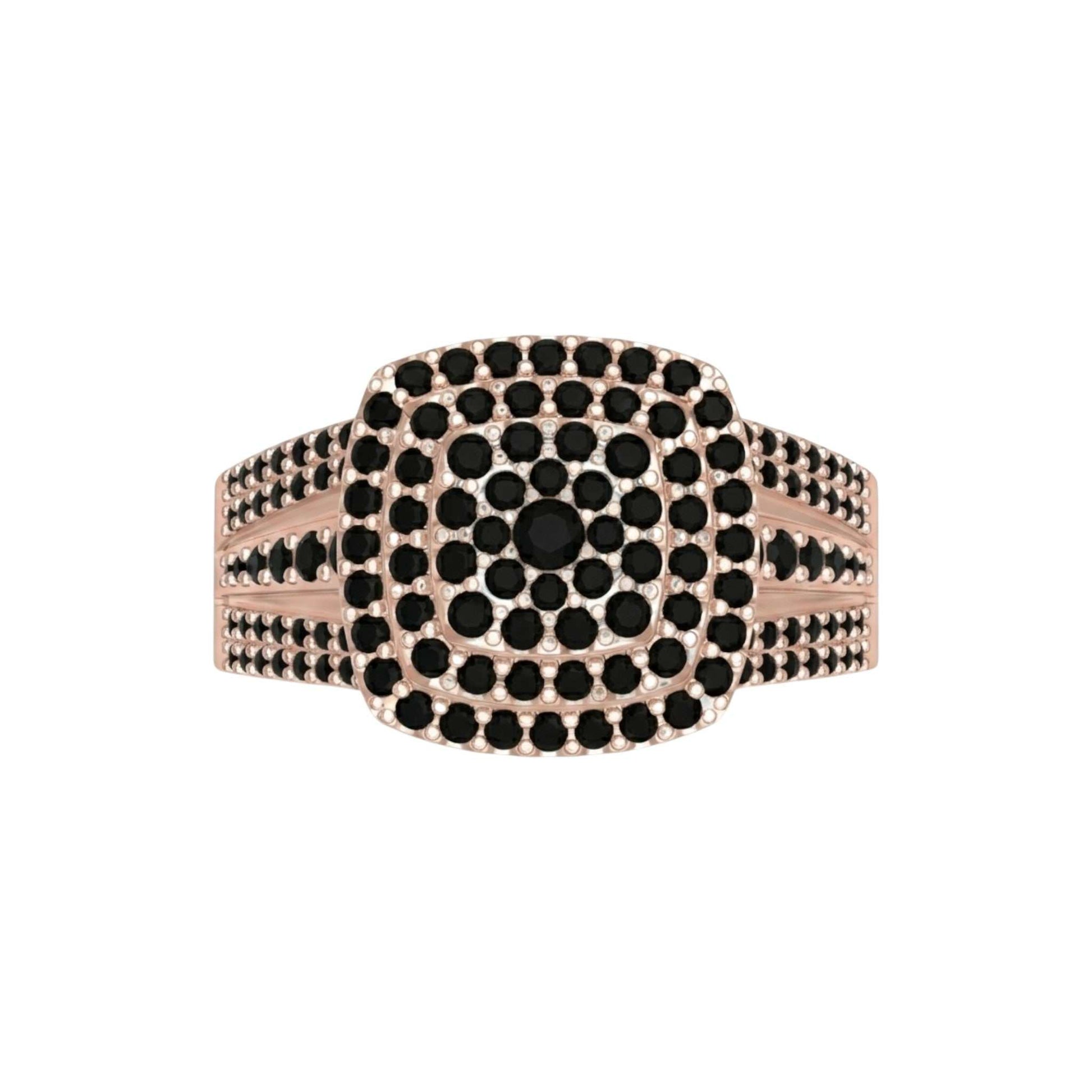 Omoni Cushion Cut Cluster Black Diamond Engagement Ring in 18KT gold with pavé black diamonds