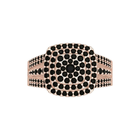 Omoni Cushion Cut Cluster Black Diamond Engagement Ring in 18KT gold with pavé black diamonds