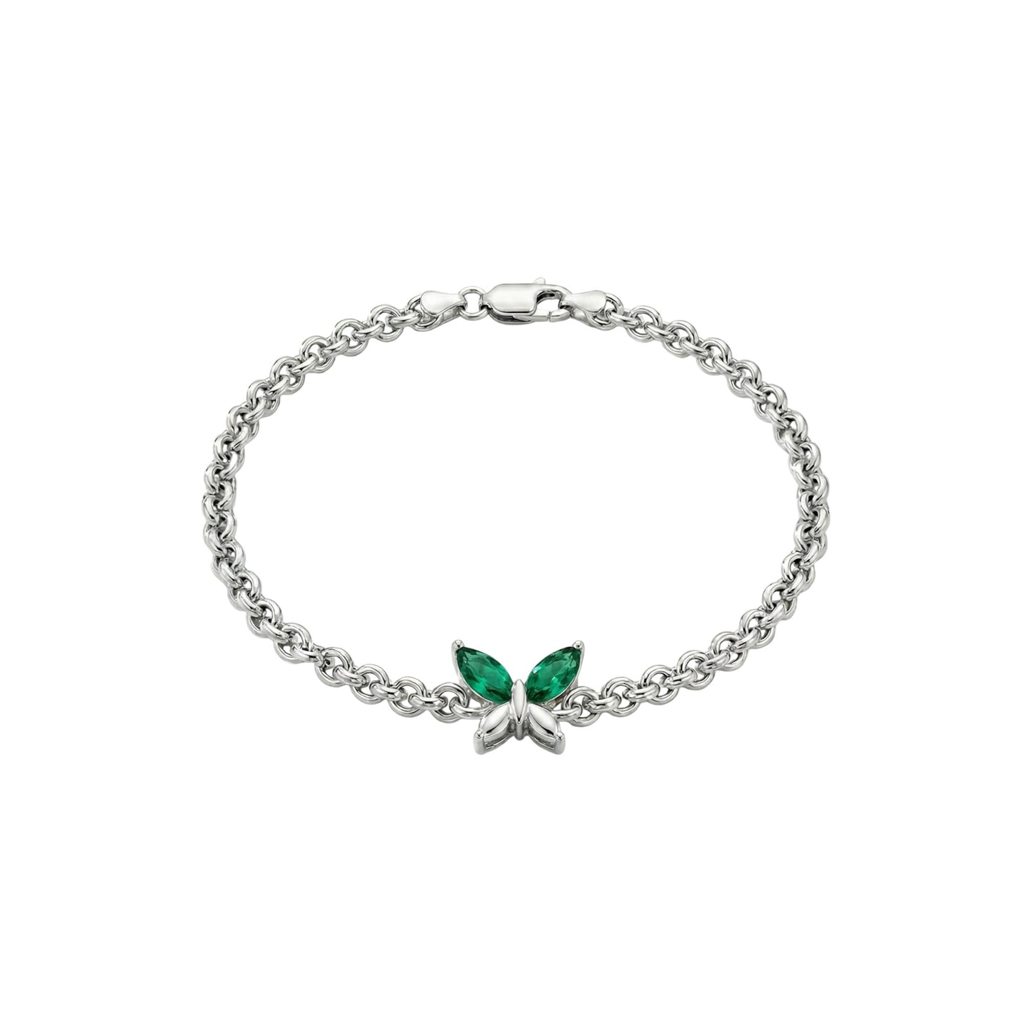 Emerald And Pink Butterfly Heart Bracelet in 925 Sterling Silver