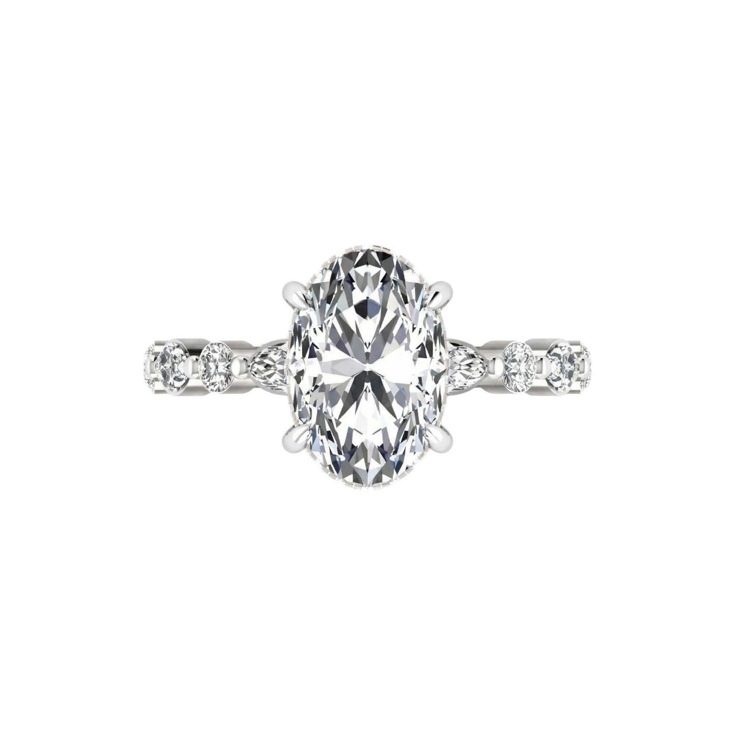 Eva 3ct Oval Cut Diamond engagement ring in 18KT gold with pear and round diamond accents