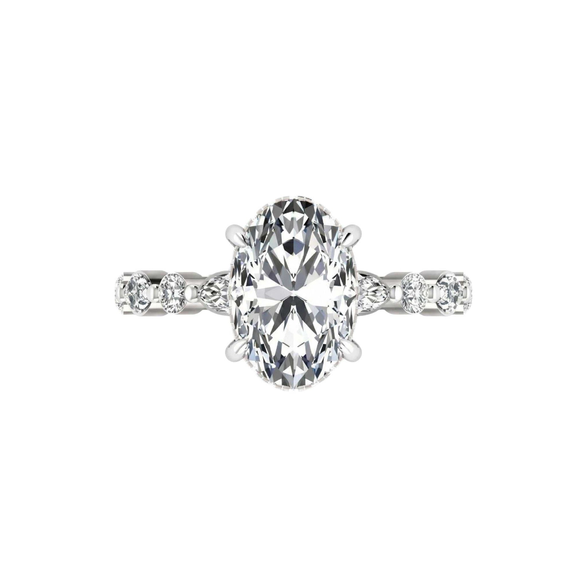 Eva 3ct Oval Cut Diamond engagement ring in 18KT gold with pear and round diamond accents