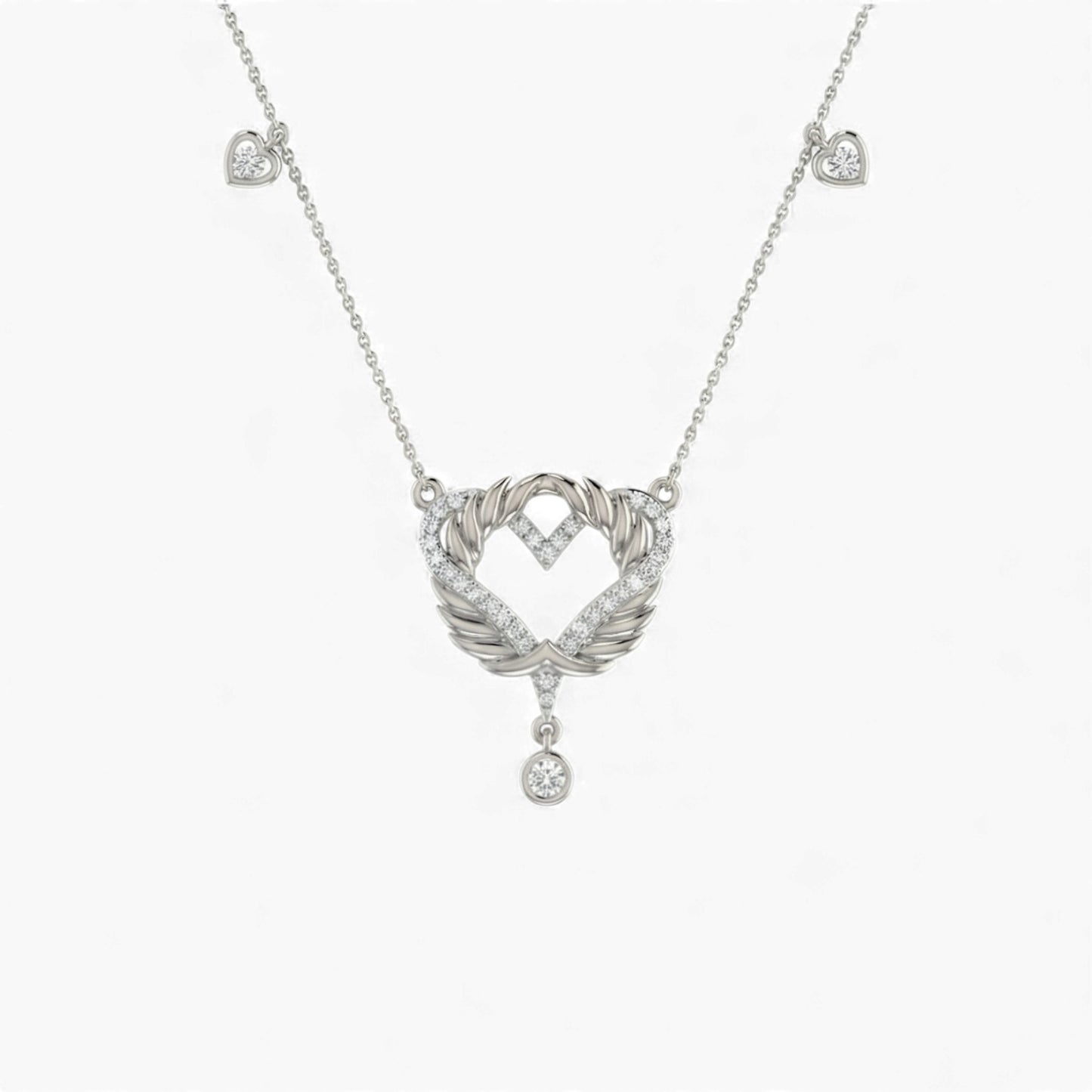 Silver necklace with a heart-shaped pendant on a white background