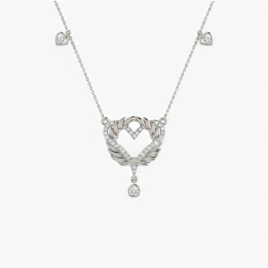 Silver necklace with a heart-shaped pendant on a white background