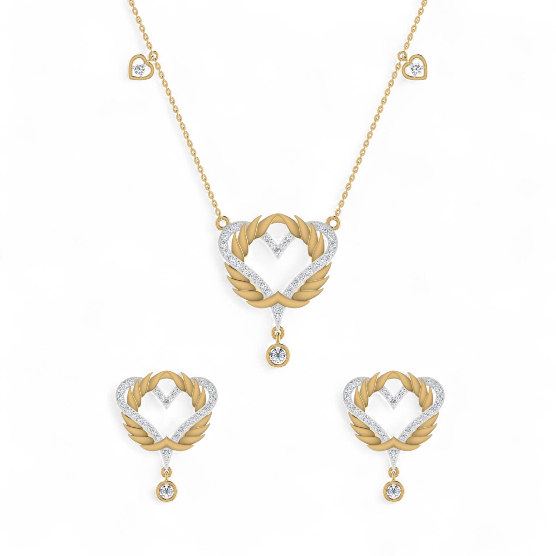 Gold and silver heart-shaped necklace and earrings on a white background