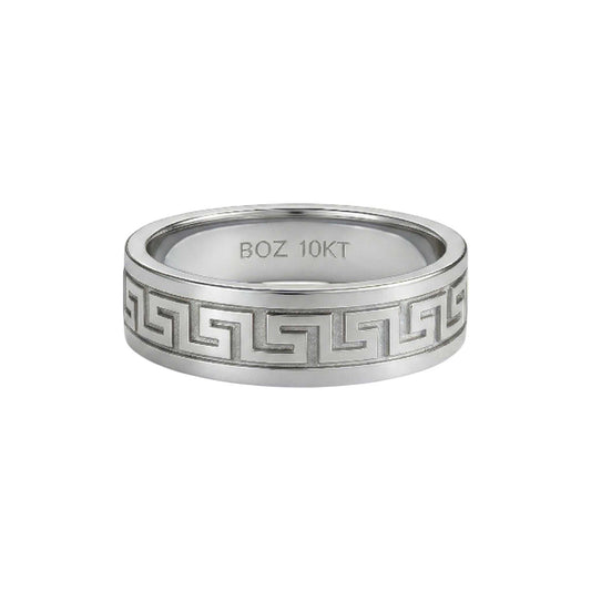 Silver ring with Greek key design and 'BOZ 10KT' engraving on a white background