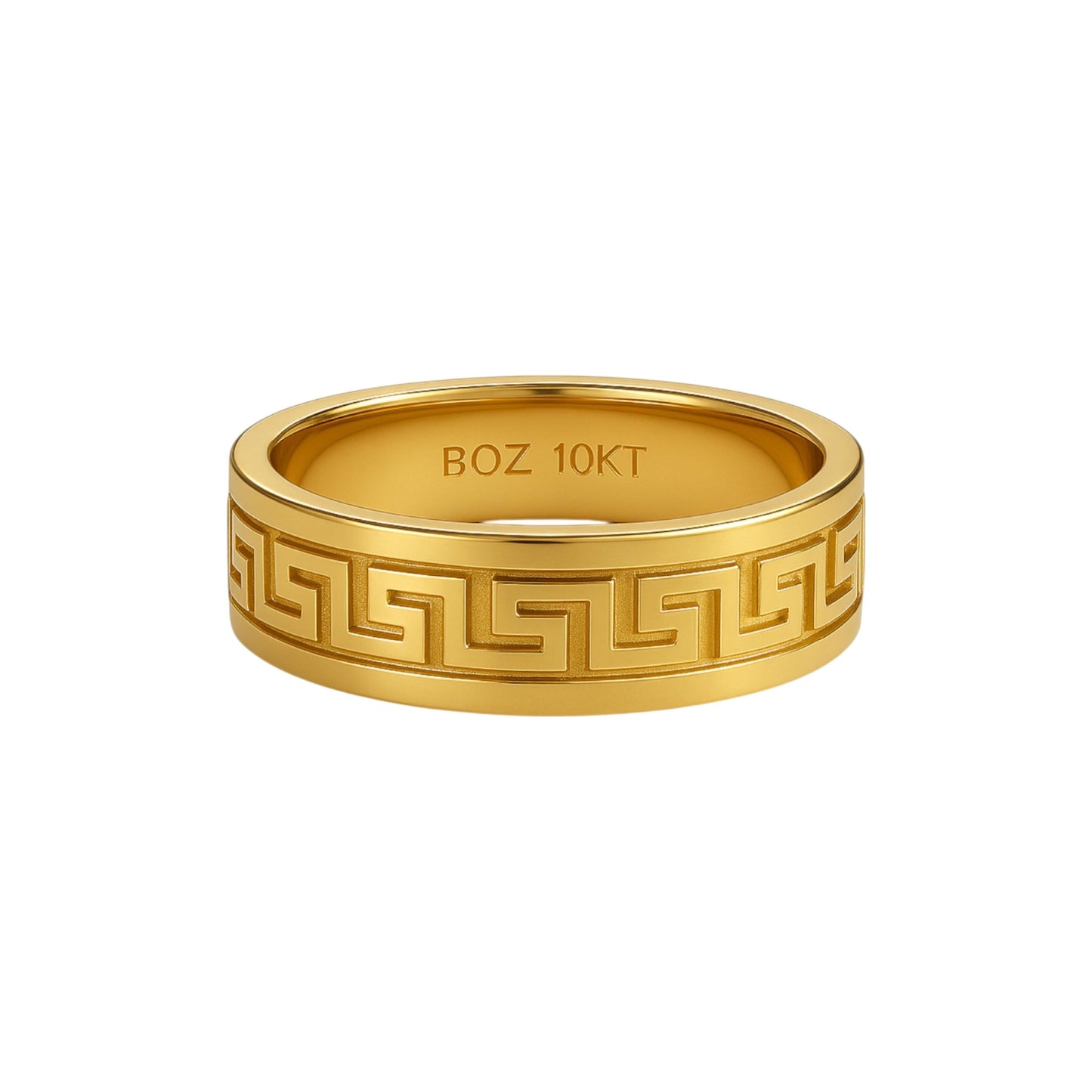 Gold ring with intricate design and 'BOZ 10KT' engraving on a white background