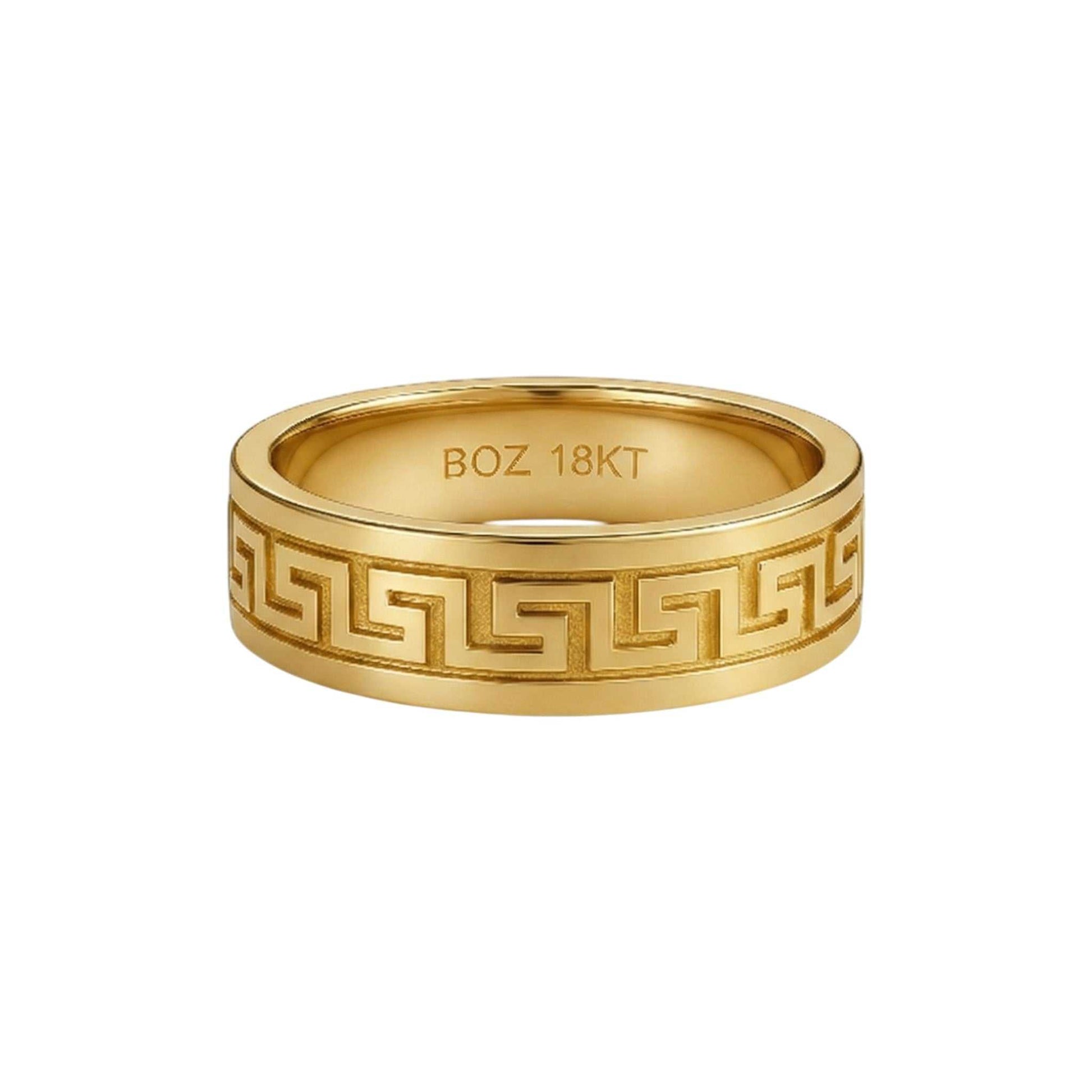 18KT gold Greek Key Band ring with iconic interlocking pattern symbolizing infinity and unity