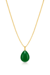 Gold necklace with a green teardrop pendant on a white background