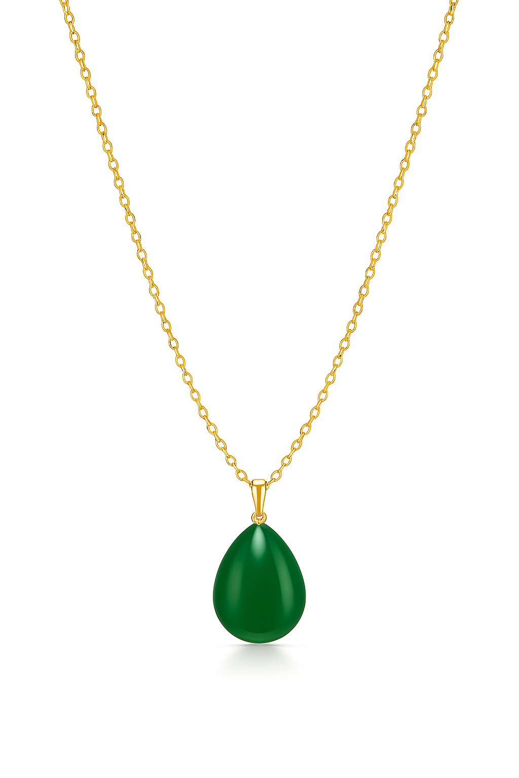 Gold necklace with a green teardrop pendant on a white background