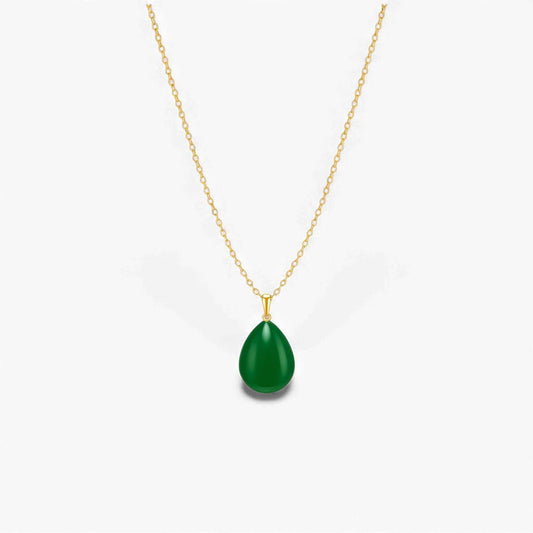 Green jade pendant necklace with teardrop-shaped jade gemstone set in polished 18KT gold chain