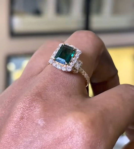 Empress Radiant Cut Lab Grown Diamond & Emerald Gemstone Engagement Ring in 18K Gold