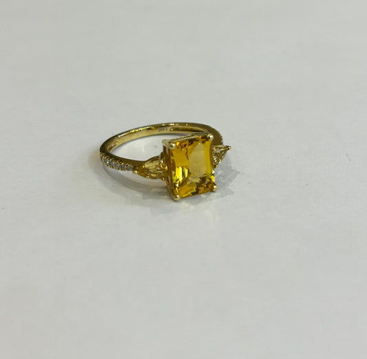 Natural Yellow Morganite & Moissanite Trinity Engagement Ring in 14K Gold