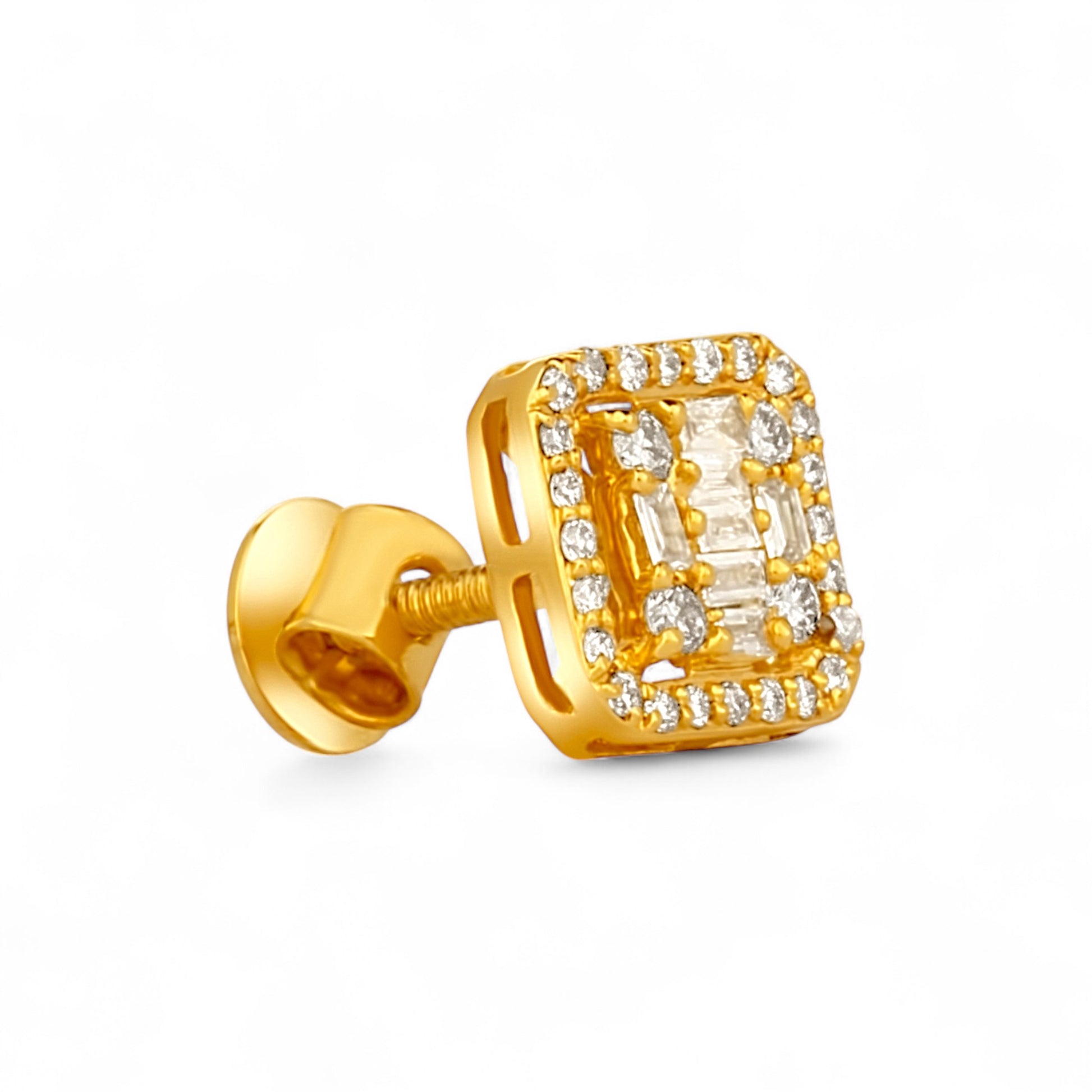 Gold earring with diamond accents on a white background