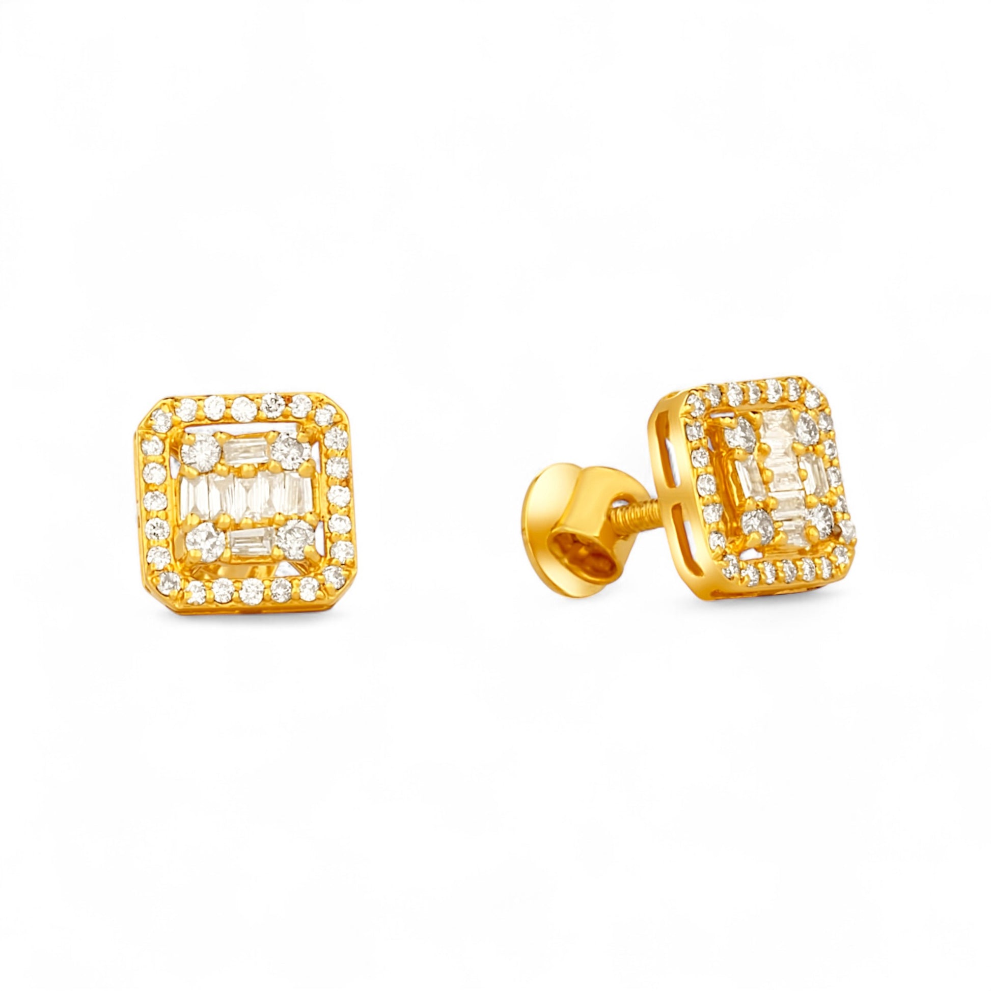 Gold square-shaped earrings with clear gemstones on a white background