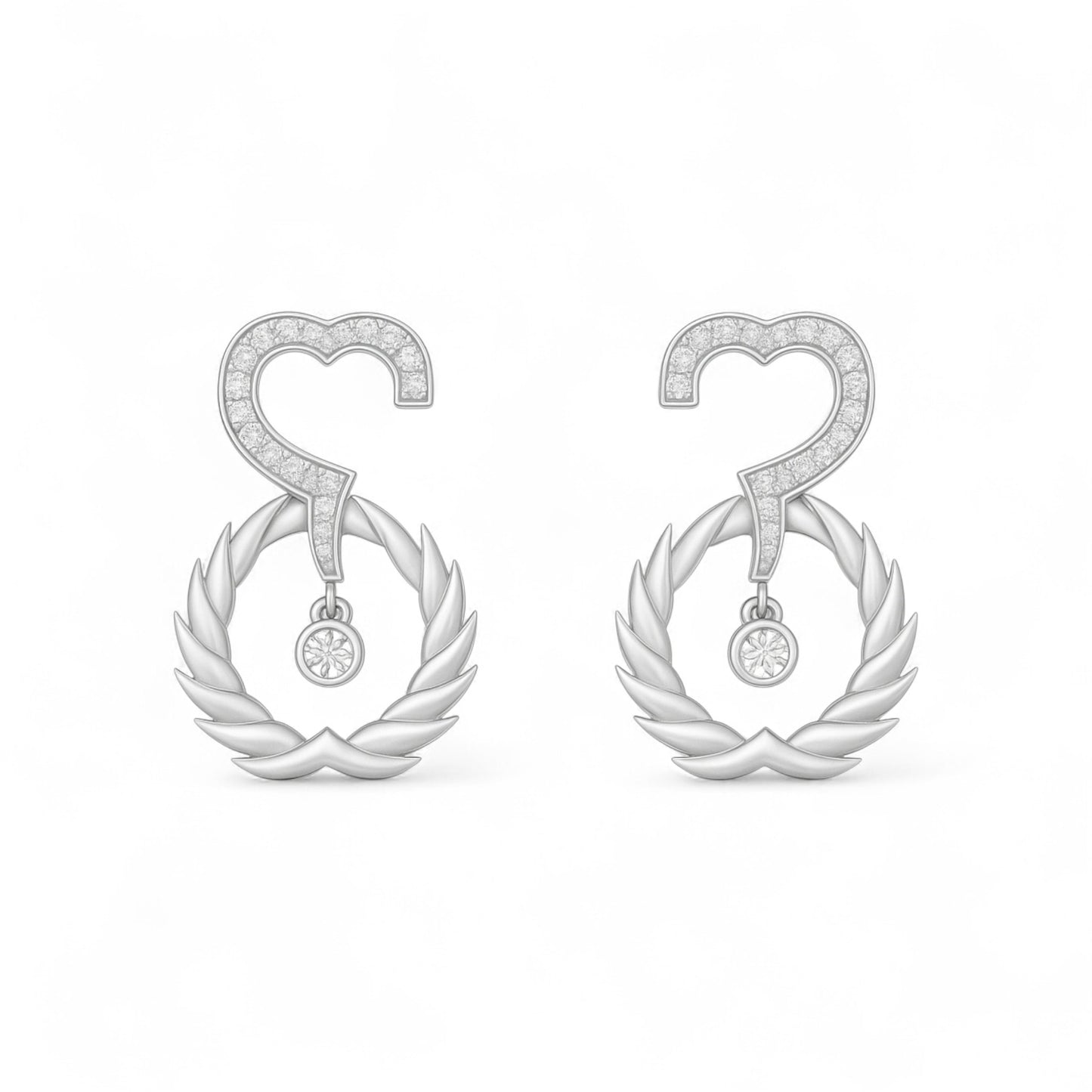 Pair of silver earrings with heart and wreath design on a white background