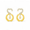 Gold earrings with heart and laurel wreath design on a white background