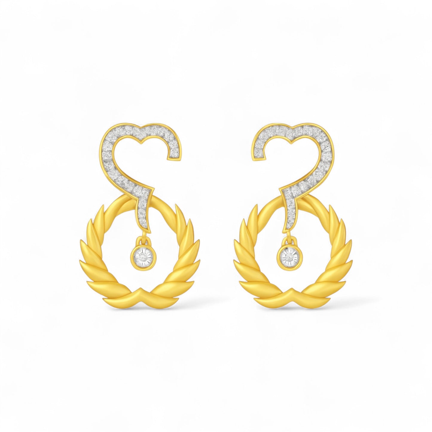 Gold earrings with heart and laurel wreath design on a white background