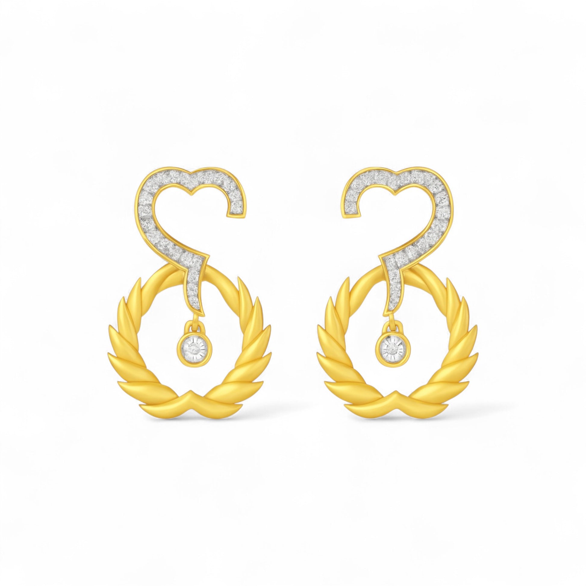 Gold earrings with heart and laurel wreath design on a white background