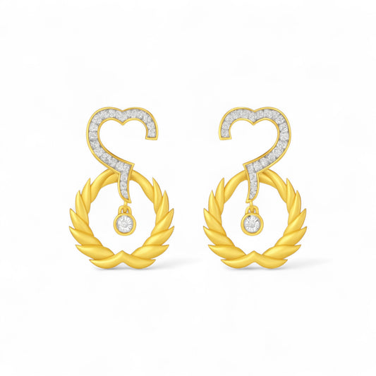 Gold earrings with heart and laurel wreath design on a white background