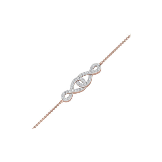 Rose gold bracelet with a diamond infinity symbol on a white background