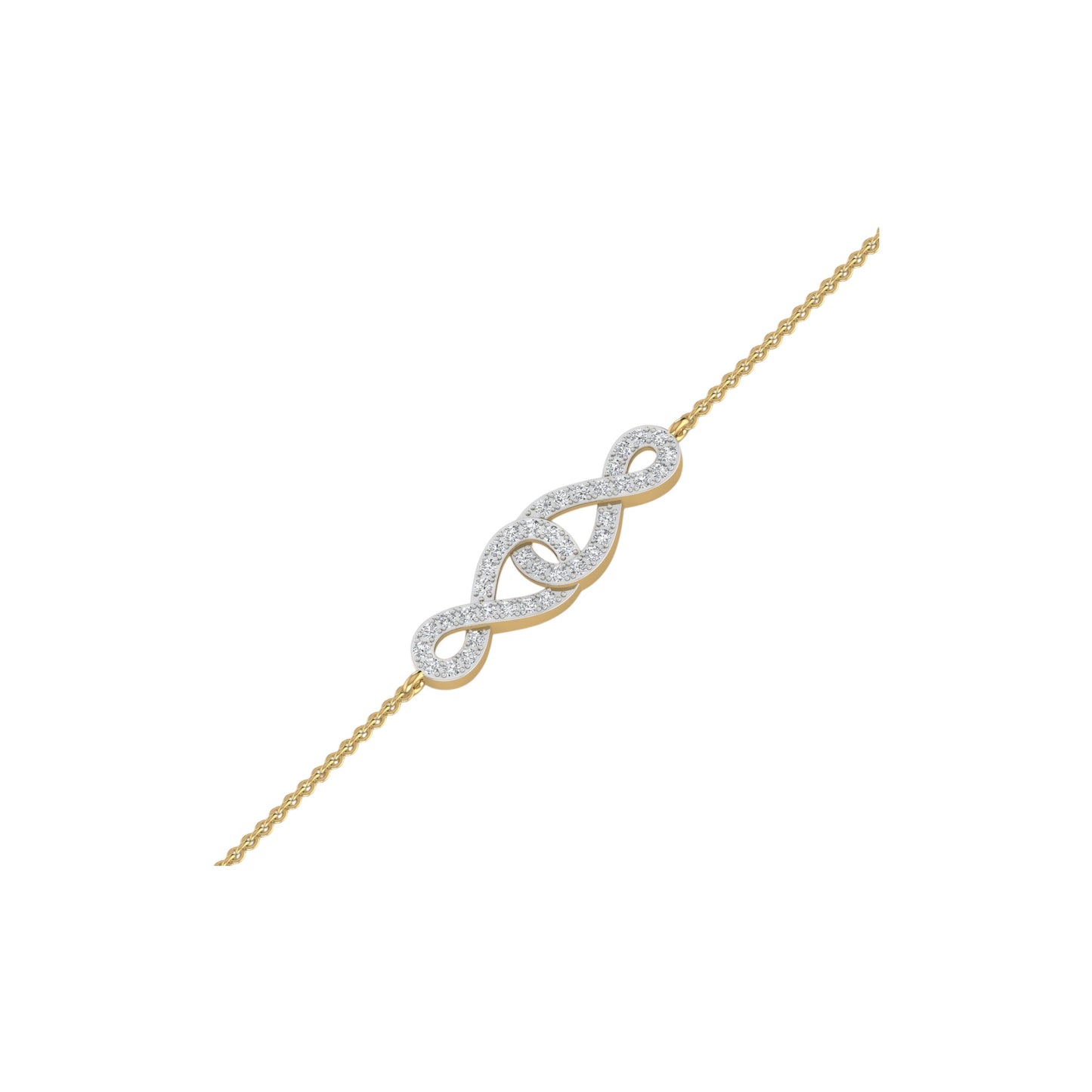 Gold bracelet with diamond infinity symbol on a white background