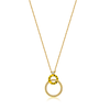 A gold necklace with an interlocked ring design featuring diamonds.