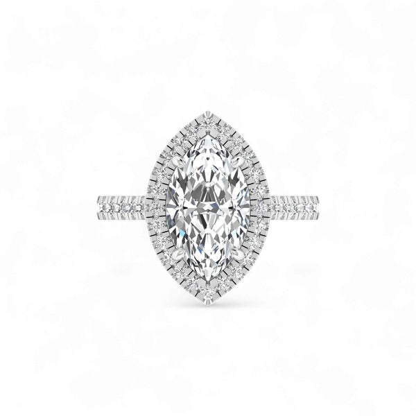 Jackie Marquise Cut Diamond Ring in 18KT gold with pavé halo and diamond-studded band