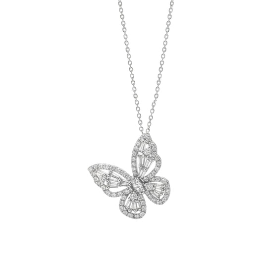 Butterfly-shaped diamond pendant on a chain against a white background