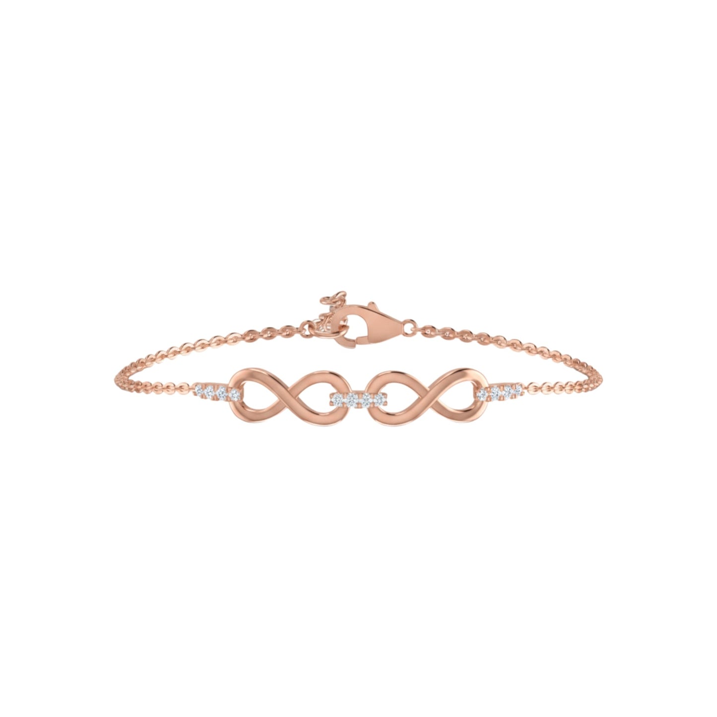 Rose gold bracelet with infinity design on a white background