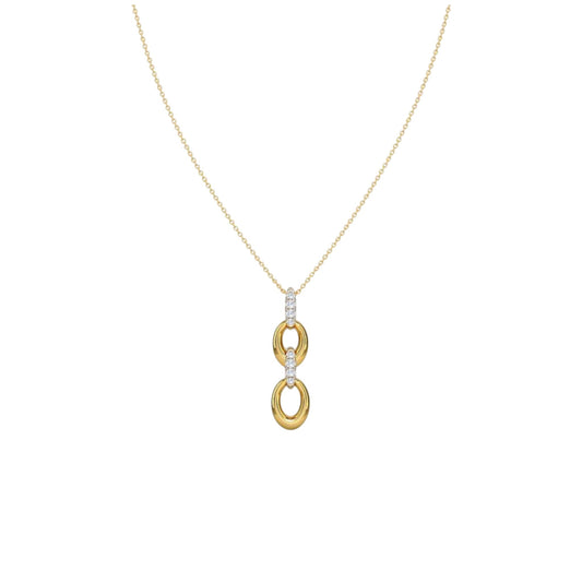 Joan Vertical Diamond Necklace in 18KT gold with two interlocking oval links and pavé diamond connectors on a 16-inch chain