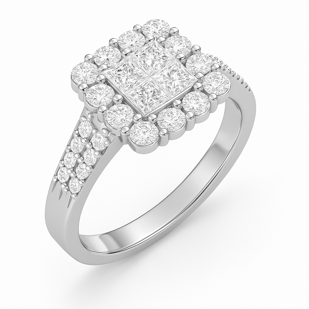 Diamond ring with a central square-cut gemstone and smaller round diamonds on a white background