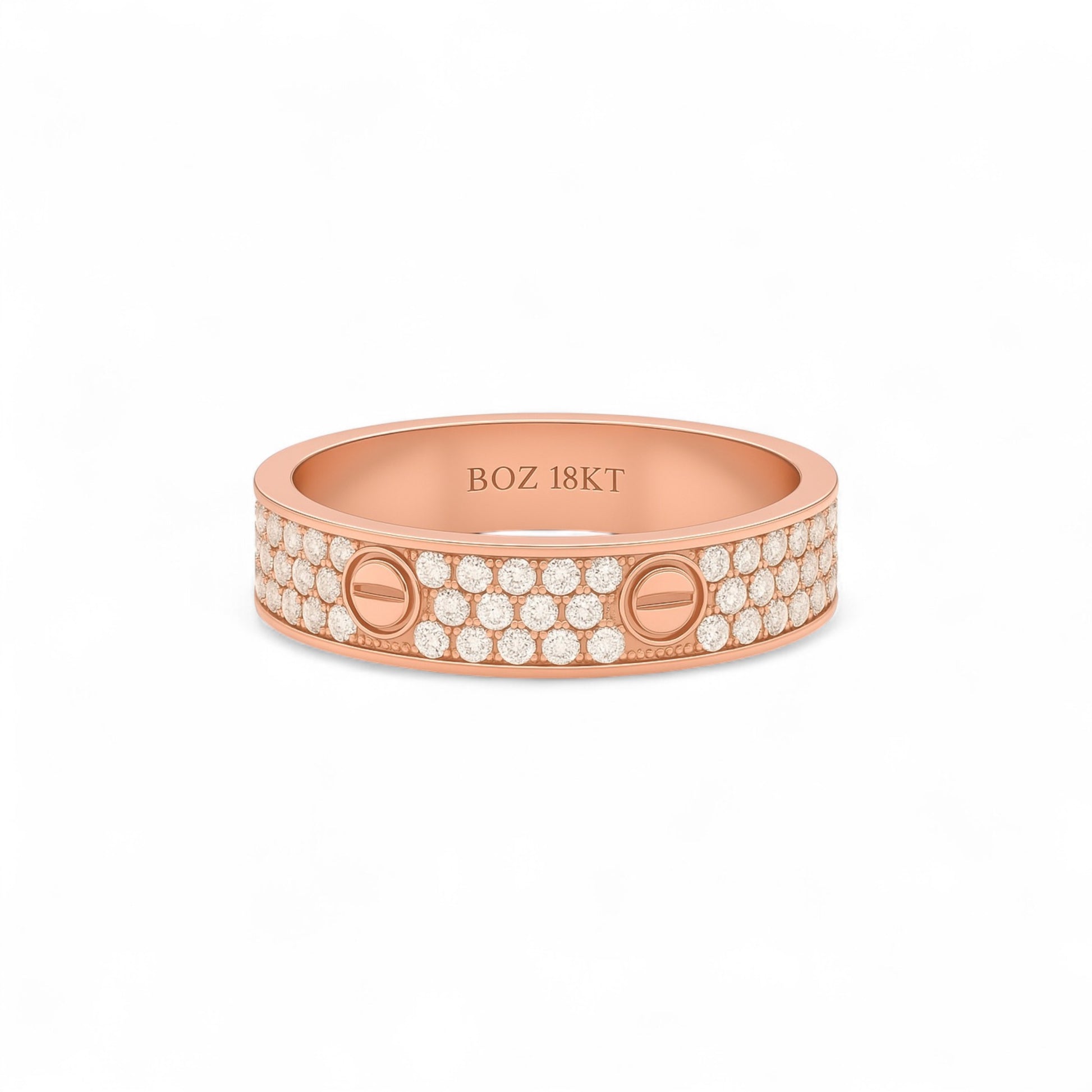 Rose gold ring with embedded diamonds on a white background