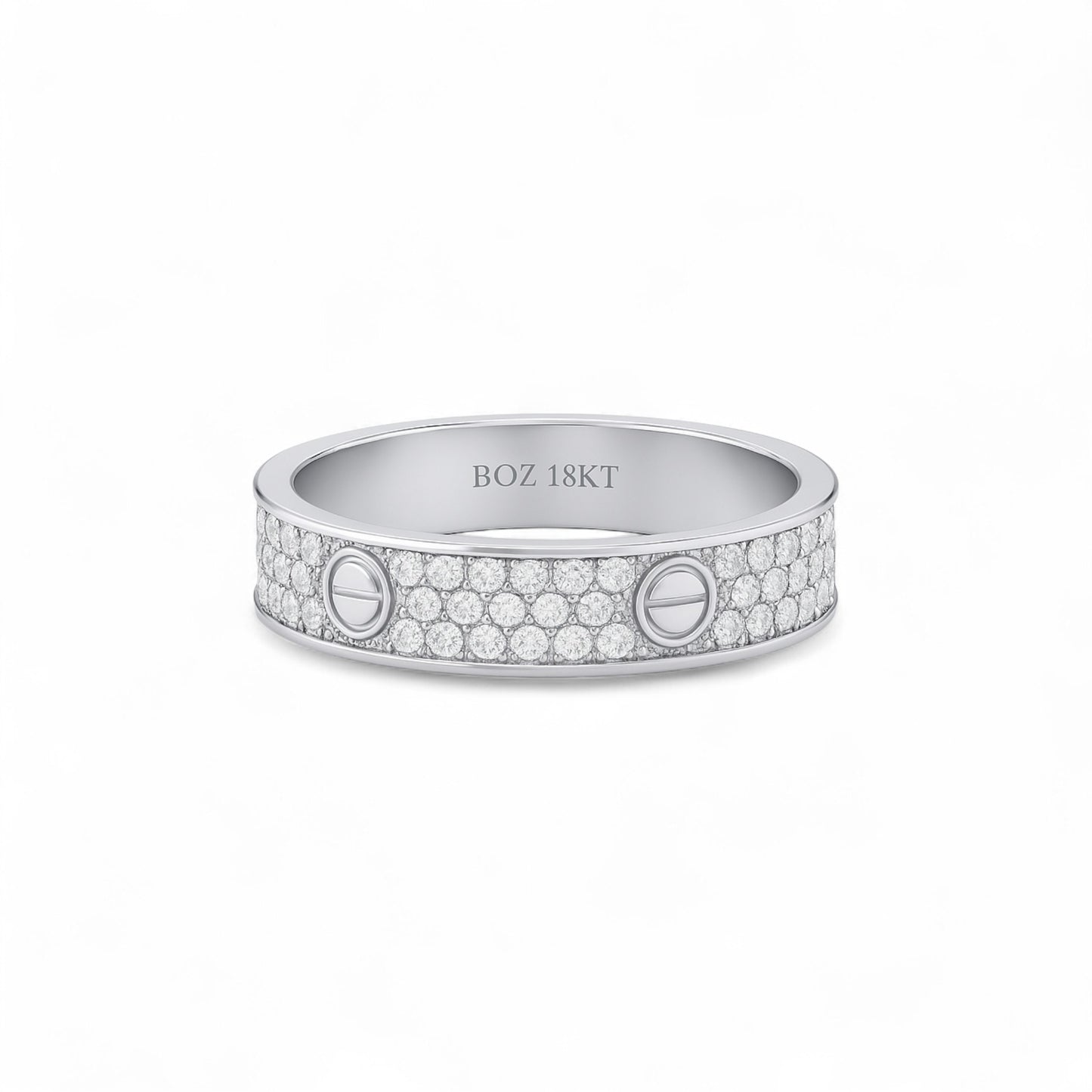 Silver ring with embedded diamonds on a white background