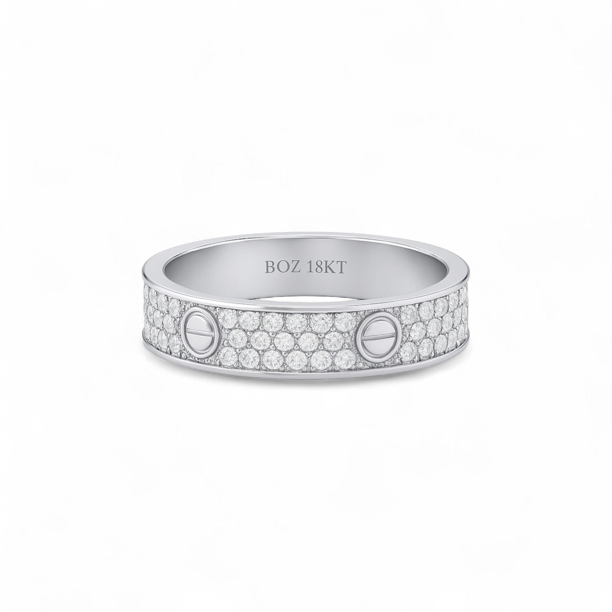 Silver ring with embedded diamonds on a white background