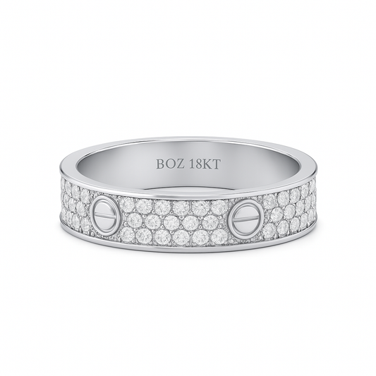 Silver ring with diamond accents and 'BOZ 18KT' marking on a white background