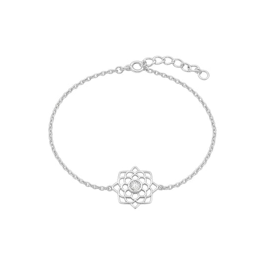 Silver bracelet with a floral design on a white background