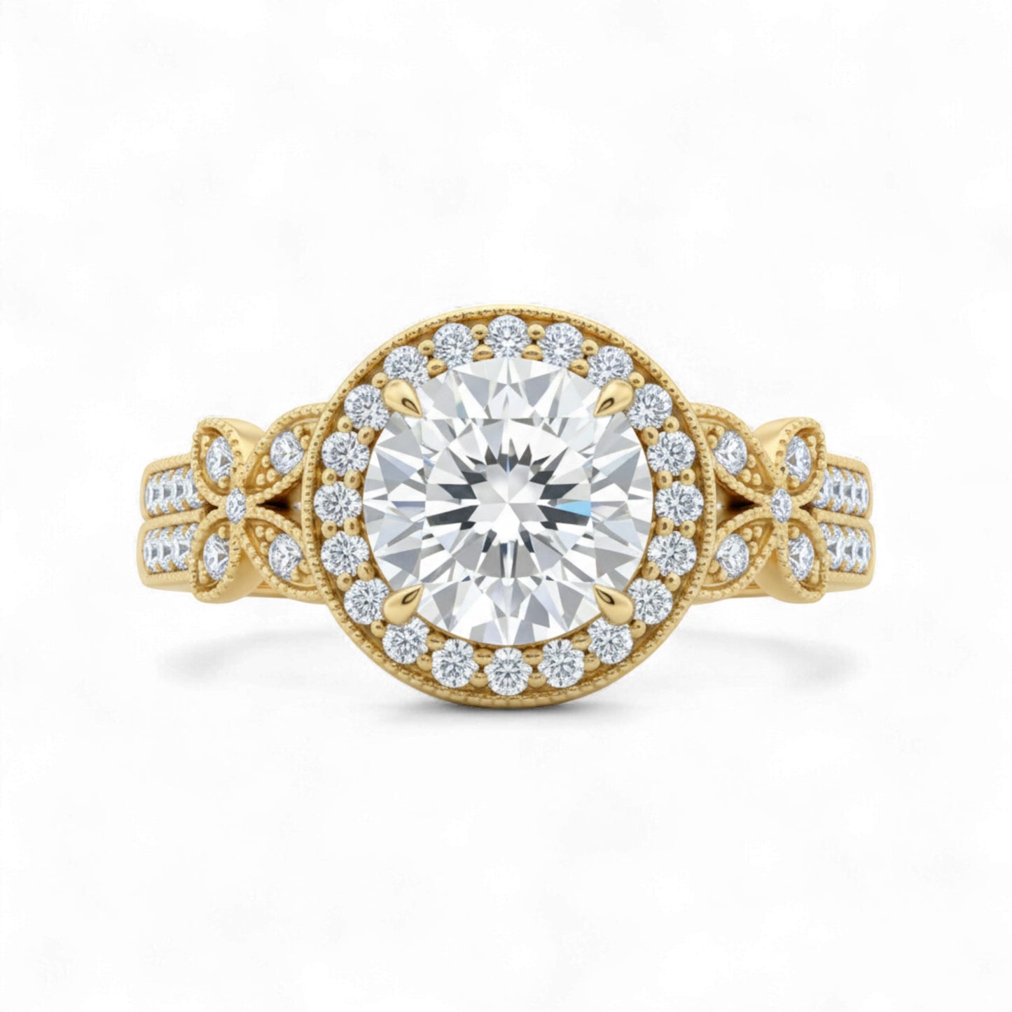 Gold ring with a large diamond and smaller diamonds on the band against a white background