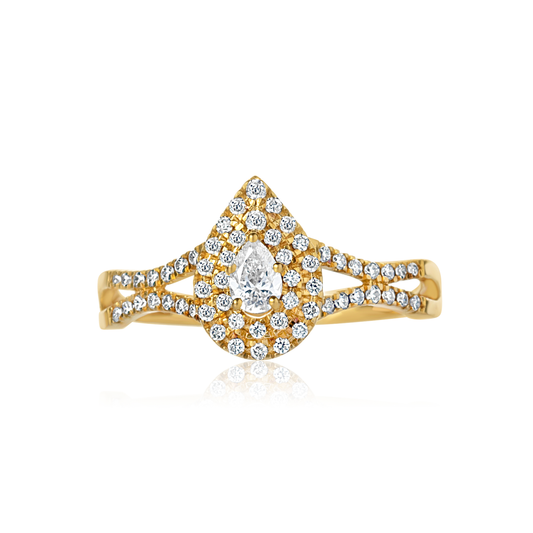 Gold ring with a pear-shaped diamond and smaller diamonds on a white background
