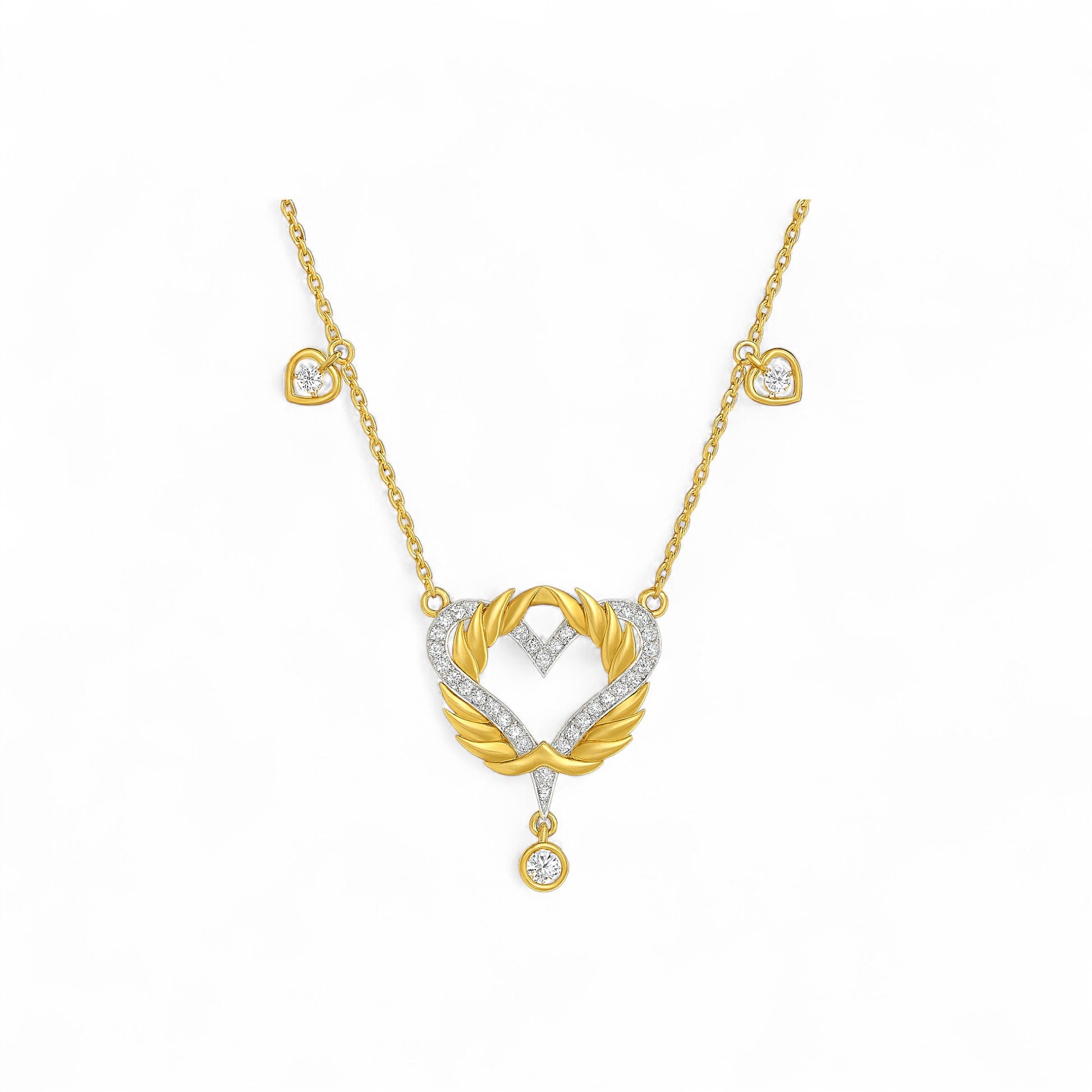 Gold necklace with a heart-shaped pendant on a white background