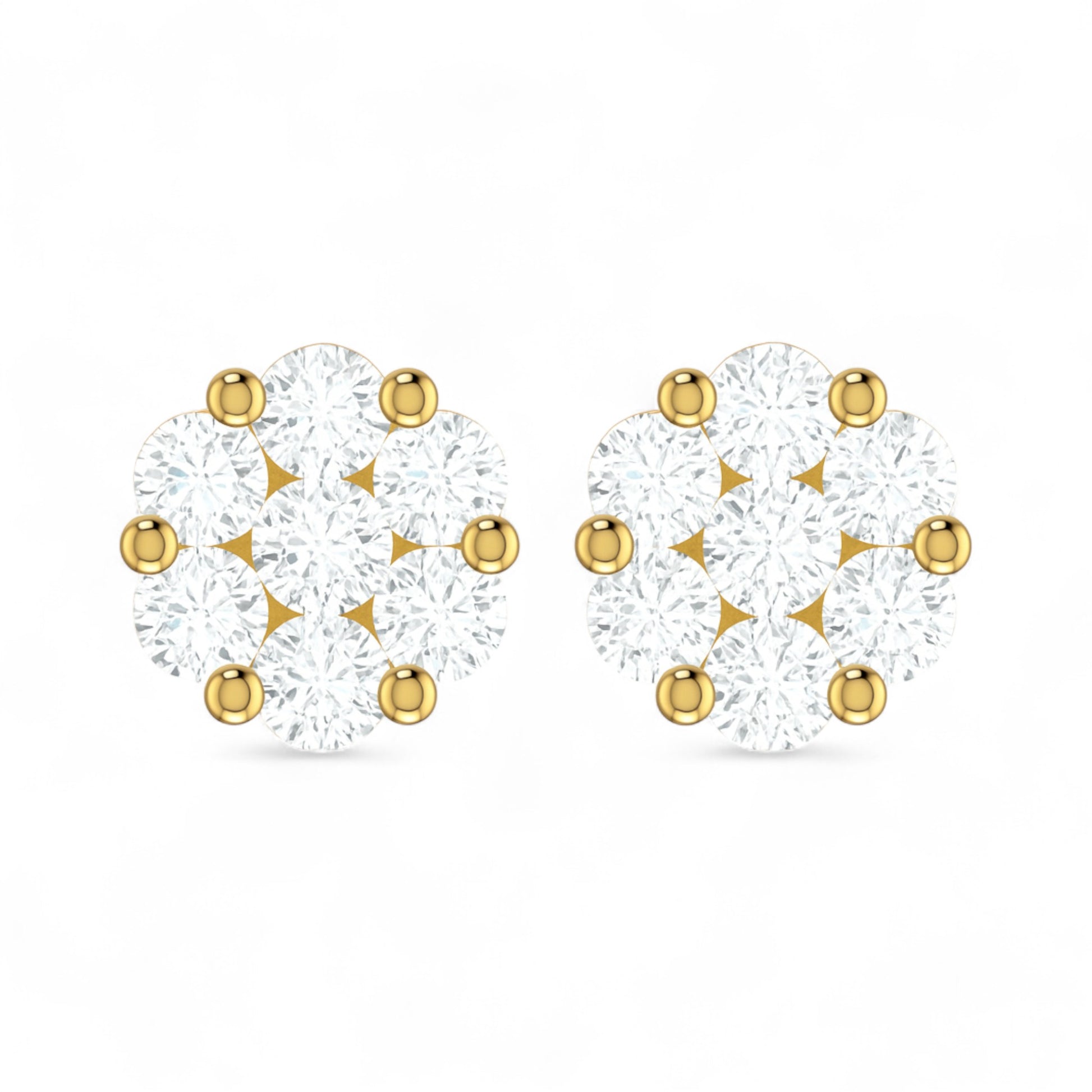 Pair of gold and diamond stud earrings on a white background