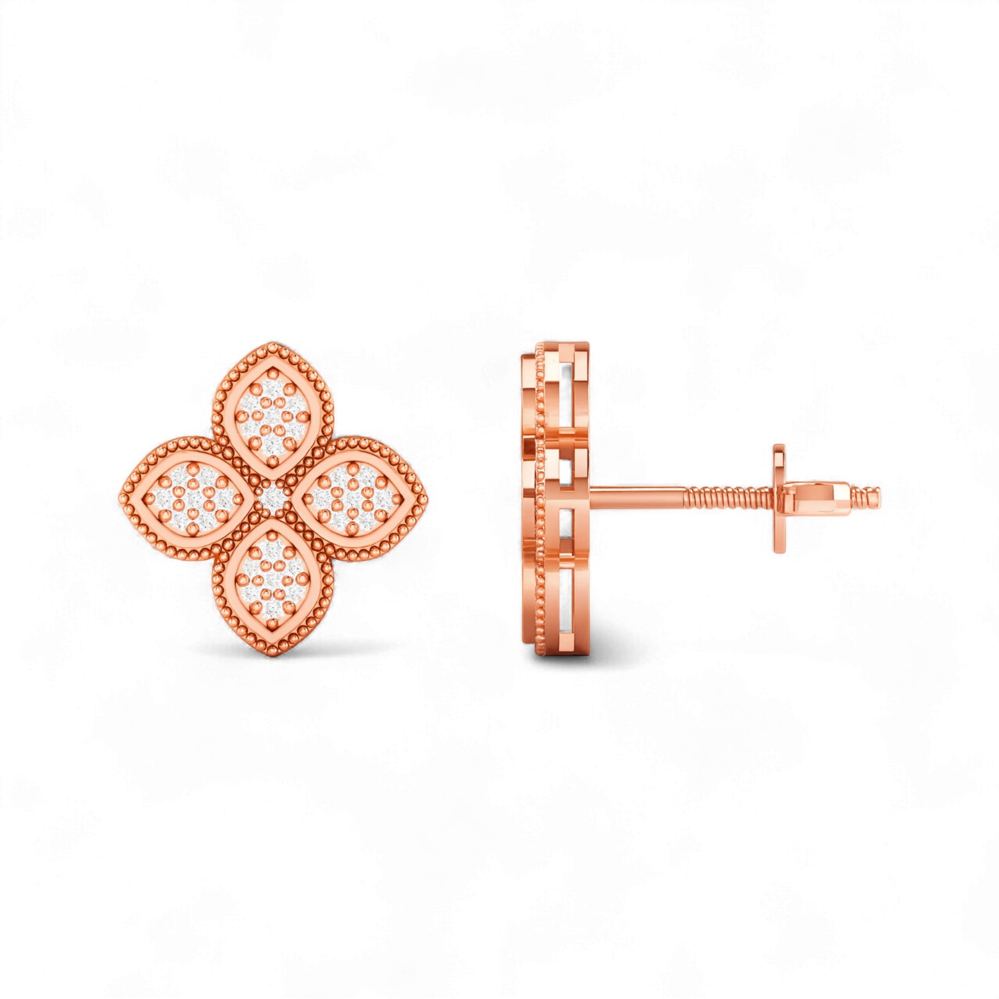 Rose gold floral earrings on a white background